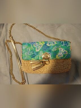 Lilly Pulitzer Green Floral Straw Crossbody with Gold Tassels NWOT Never Used